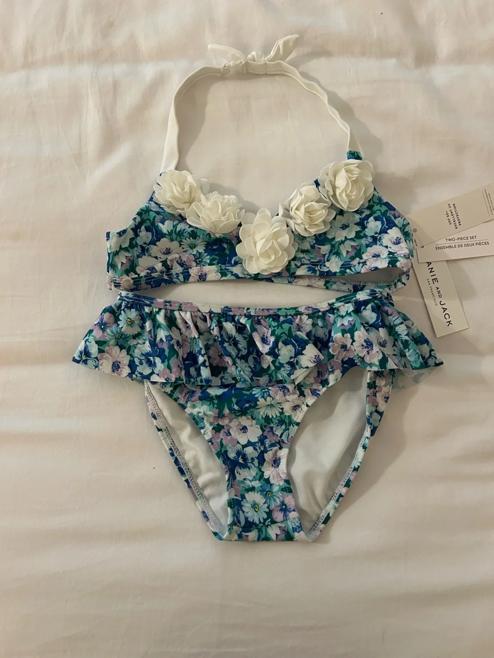 Janie and Jack Blue Floral Two-Piece Bikini with White Flower Trim